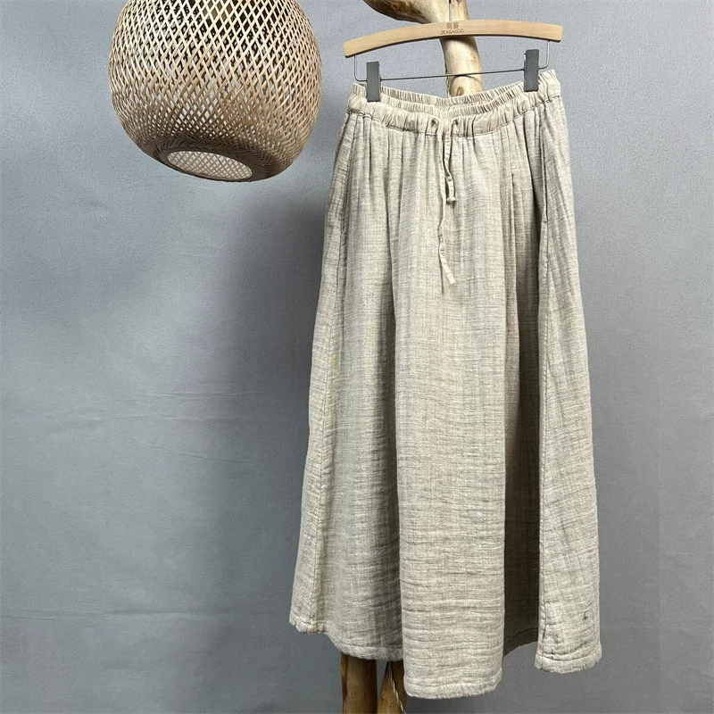文艺慵懒风亚麻粗麻捏褶松紧腰气质半身裙早春新款百搭气质女长裙