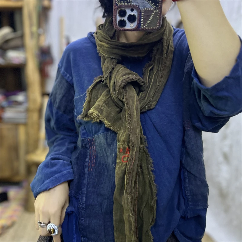 SX民族风亚麻炒色砂手工刺绣贴布毛边围脖吉字春季新百搭女围巾