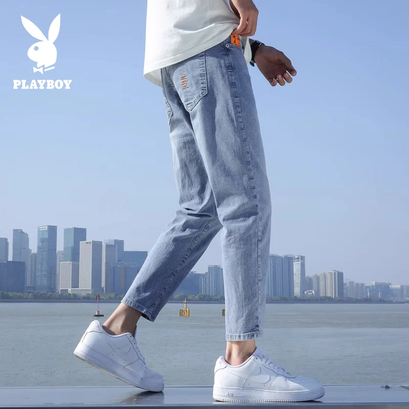 花花公子春秋季浅色牛仔裤男士宽松九分休闲修身长裤小脚弹力男款