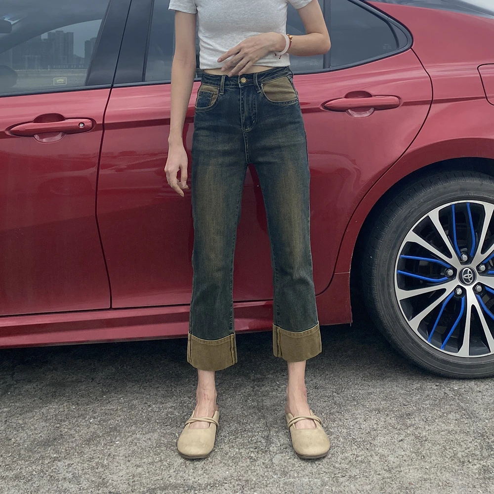 3311#新款九分直筒烟管裤撞色时尚拼接牛仔裤显瘦裤子