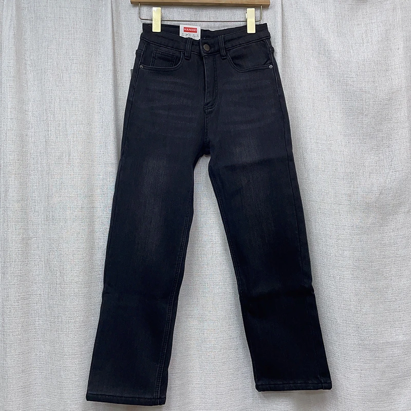 2299#碳黑色加绒加厚烟管直筒裤弹力百搭牛仔九分裤