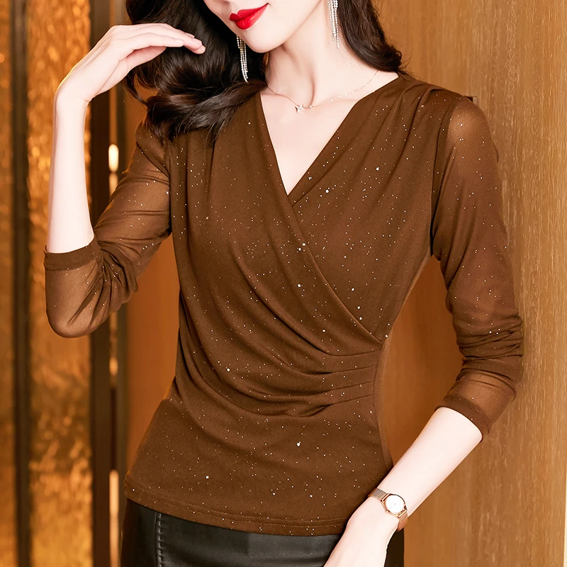 长袖网纱V领新款时尚洋气黑色镂空T恤修身显瘦内搭长袖气质上衣潮