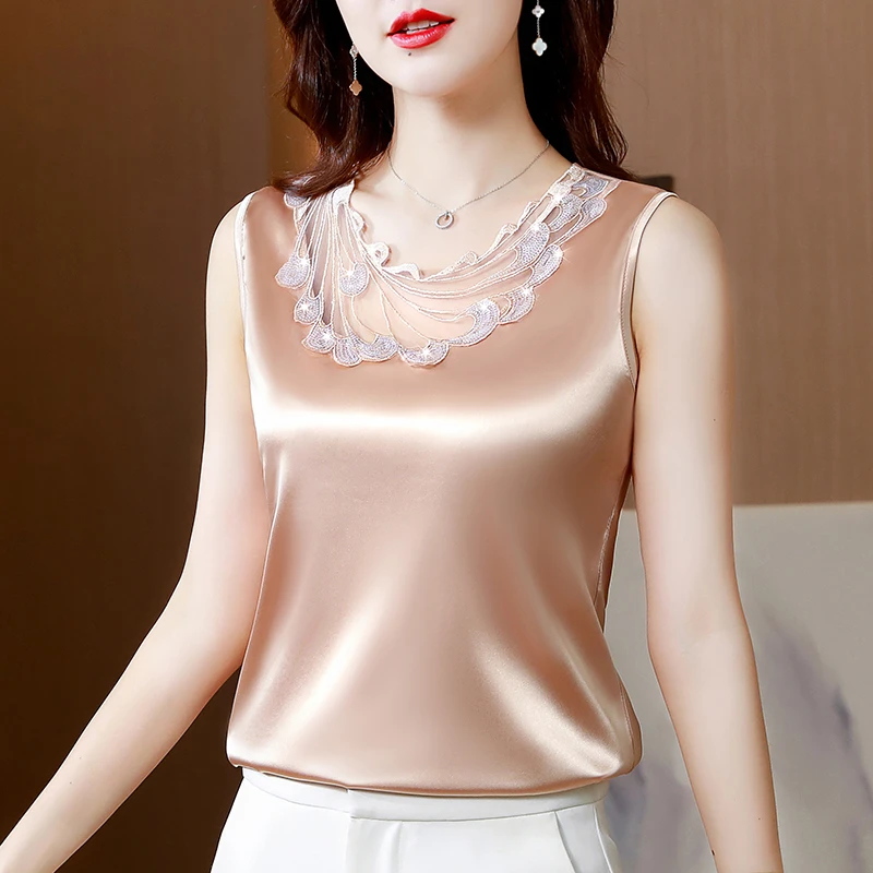 蕾丝大码吊带背心女内搭显瘦西装打底时尚洋气缎面无袖外穿上衣