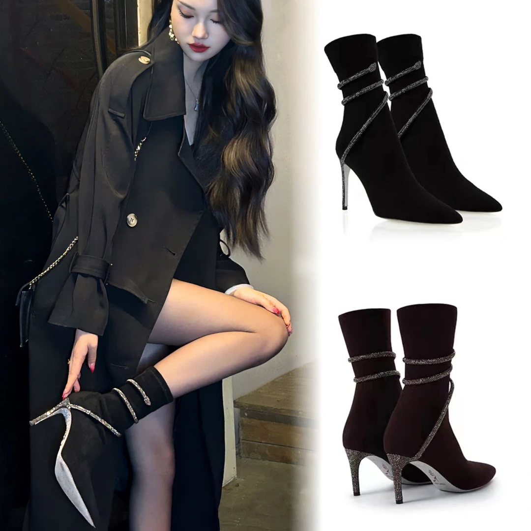 【奢华主义】2025新款瘦瘦靴水钻缠绕黑色气质尖头细高跟短靴袜靴