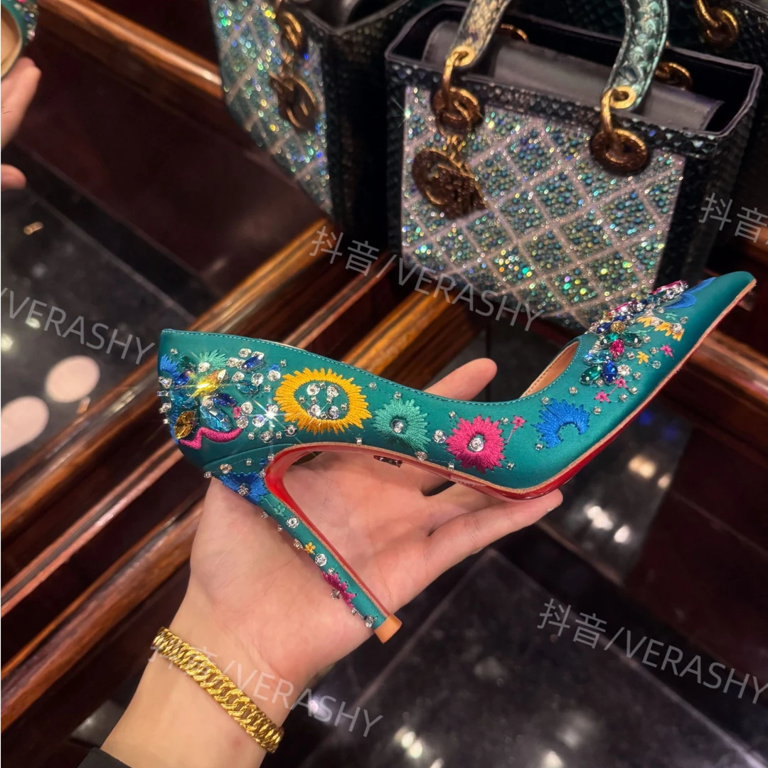 新年定【绚烂烟花】高定制!刺绣水钻侧空红底鞋细跟尖头高跟鞋