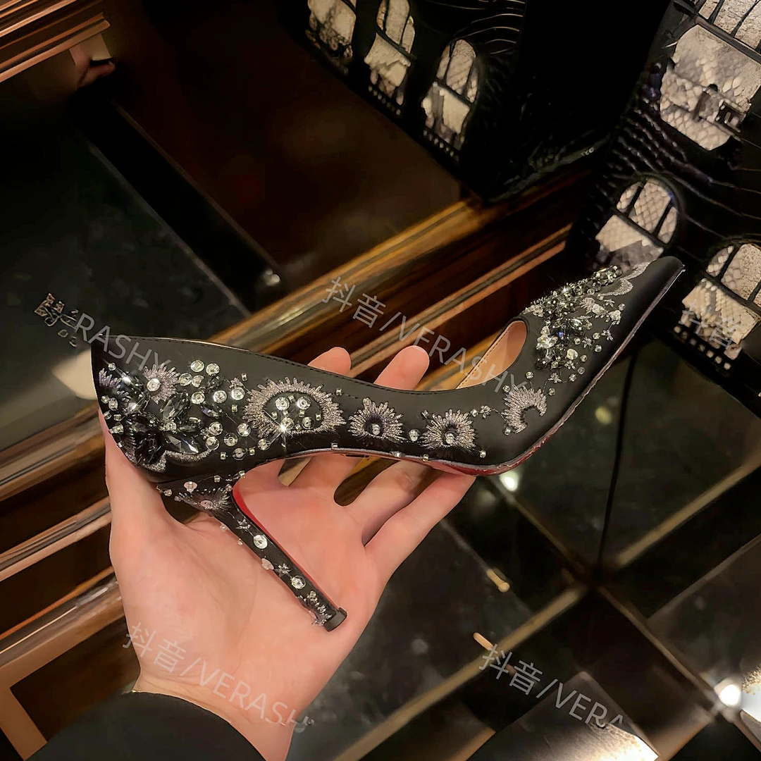 新年定【绚烂烟花】高定制！刺绣水钻侧空红底鞋细跟尖头高跟鞋