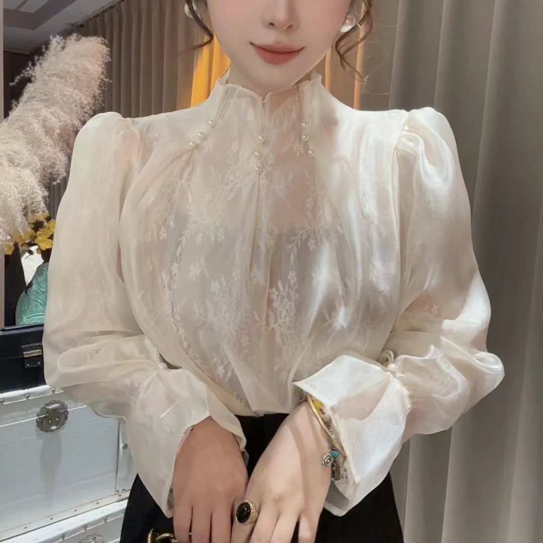 HUIHUI 韩系气质立领钉珠衬衫.....