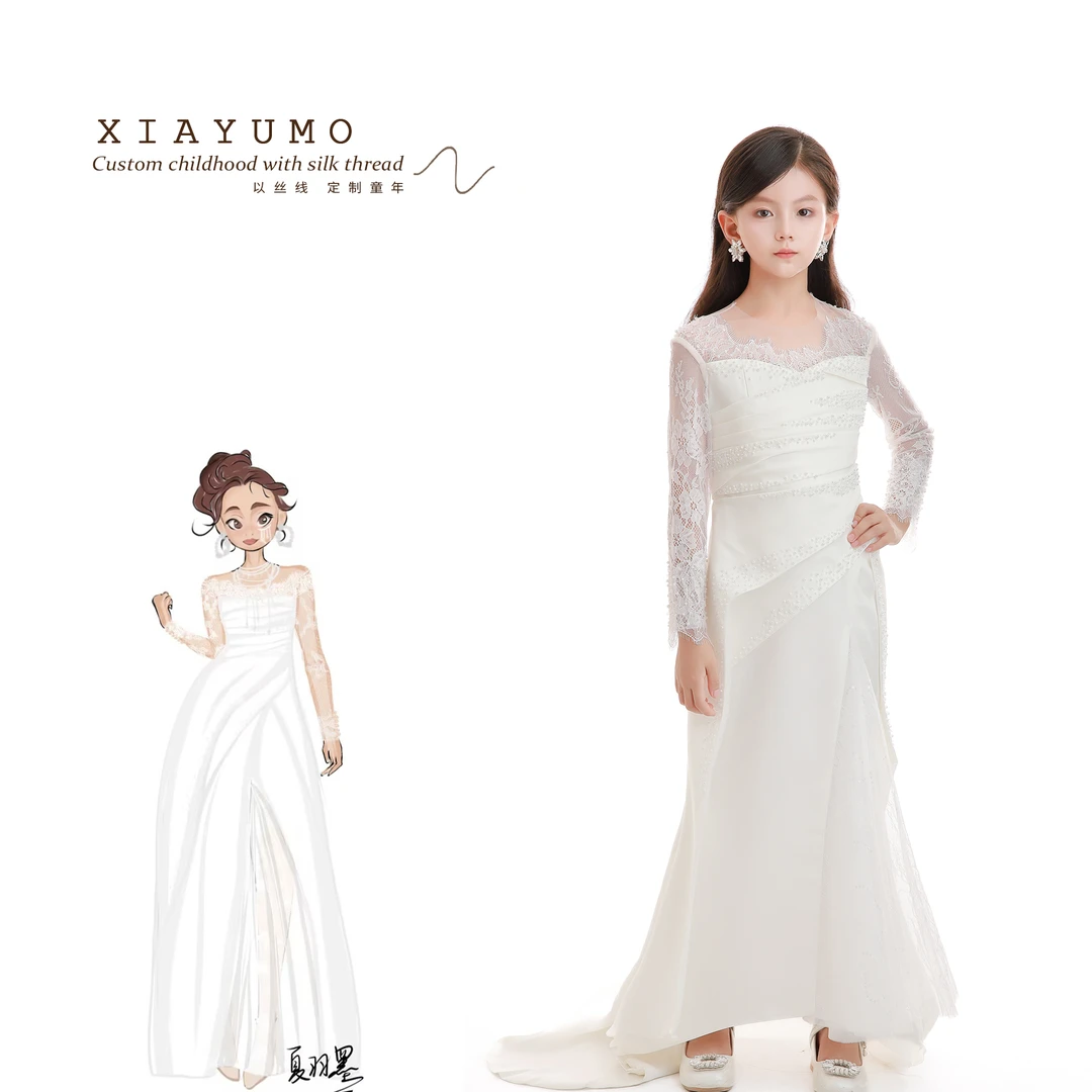 夏羽墨女童白色走秀蕾丝长款公主裙法式设计师宴会长袖气质礼服