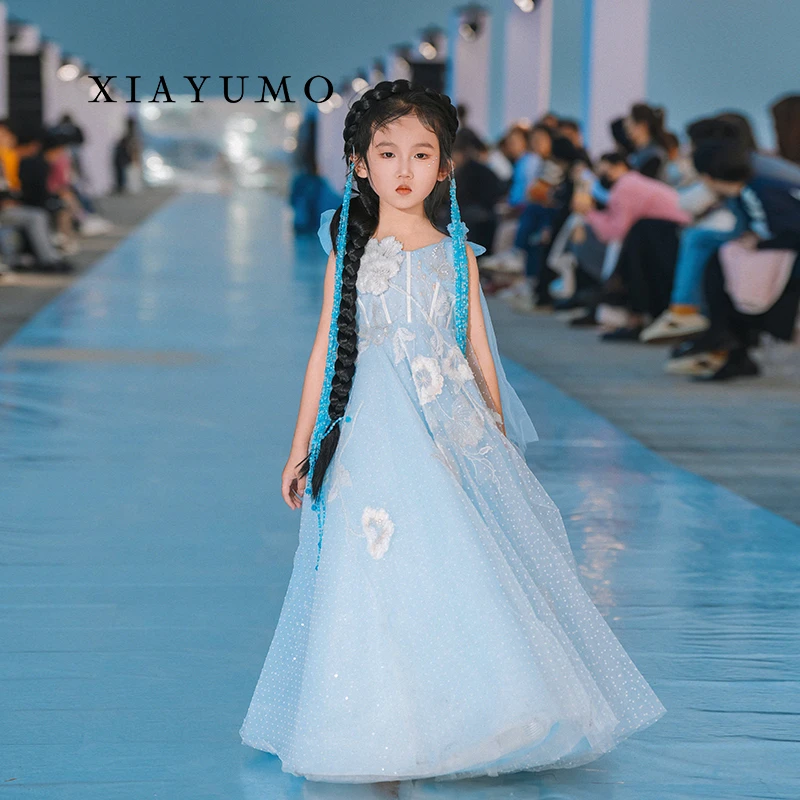 夏羽墨女童夏季新款蓝色生日主持人走秀长款连衣裙花童宴会礼服