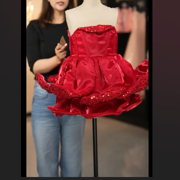 红色玫瑰AA27专属浮力链接夏羽墨女孩钢琴走秀主持人刺绣走秀礼服