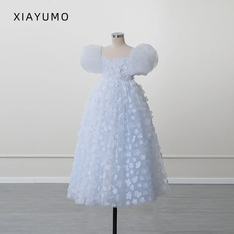 夏羽墨儿童礼服裙女童蓝色立体碎花蓬蓬纱公主裙女孩生日花童服装