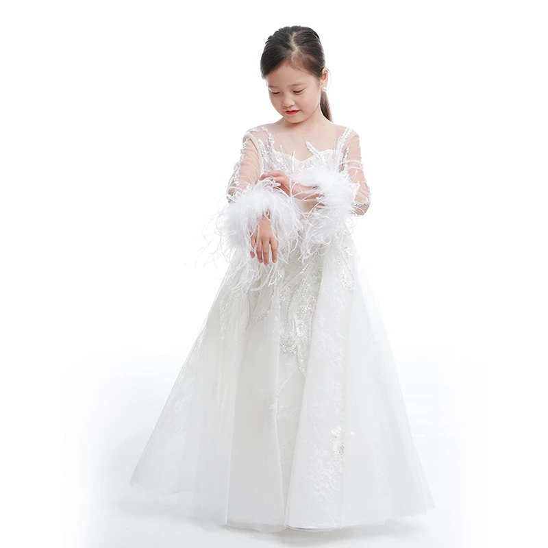 夏羽墨女童白色刺绣气质轻奢蕾丝公主裙宴会走秀花童生日儿童礼服