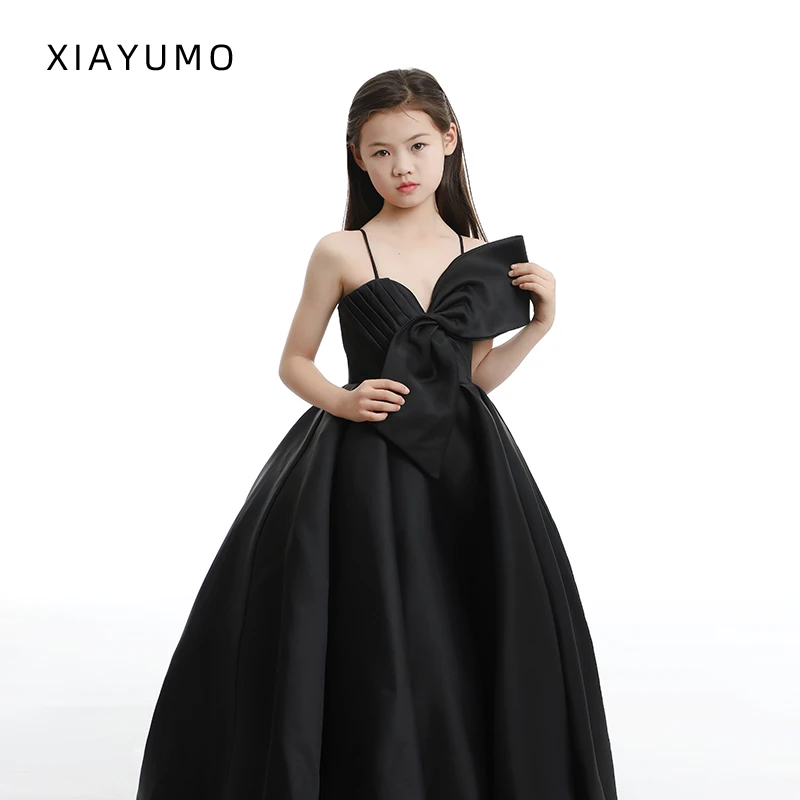 夏羽墨儿童礼服黑色吊带胸前蝴蝶结缎面裙