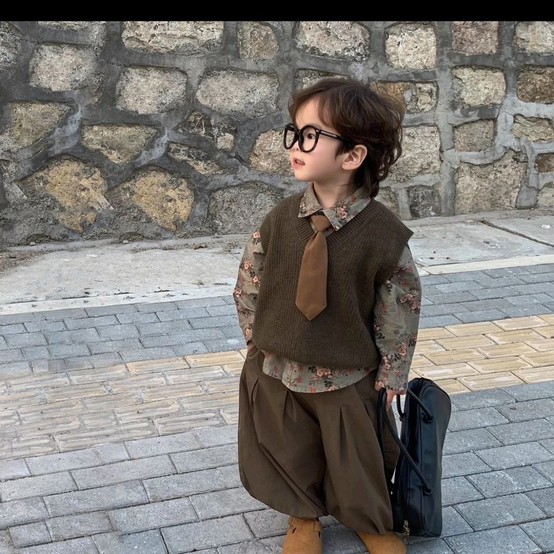 【耀选专属】男童套装2025新款韩版春秋衬衫针织马甲休闲裤三件套