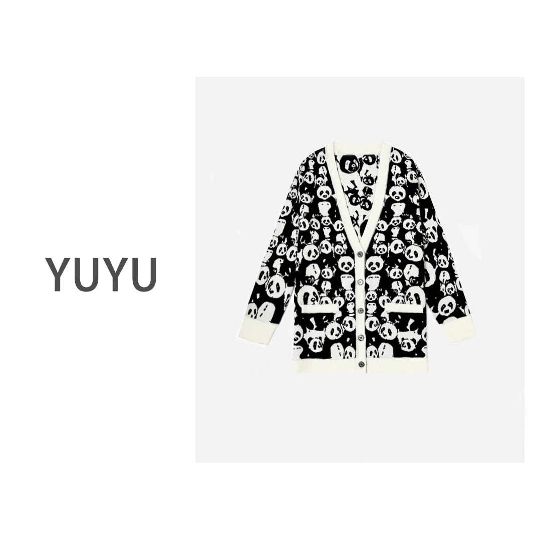 【熊猫家族】设计感慵懒熊猫提花百搭休闲V领针织开衫毛衣.YSJ017