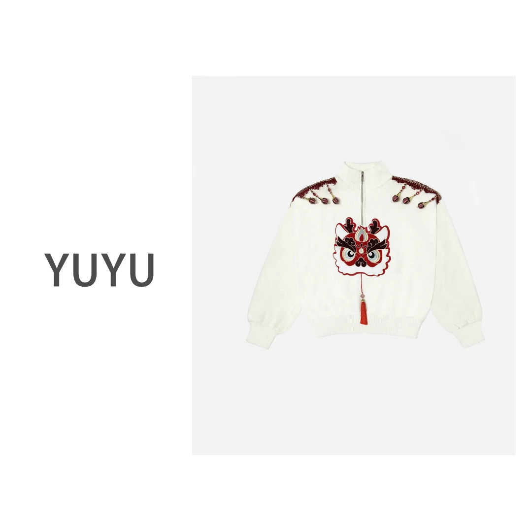 【祥龙踏雪】中国风设计感拼接吊坠个性刺绣拉链高领针织衫.HT844