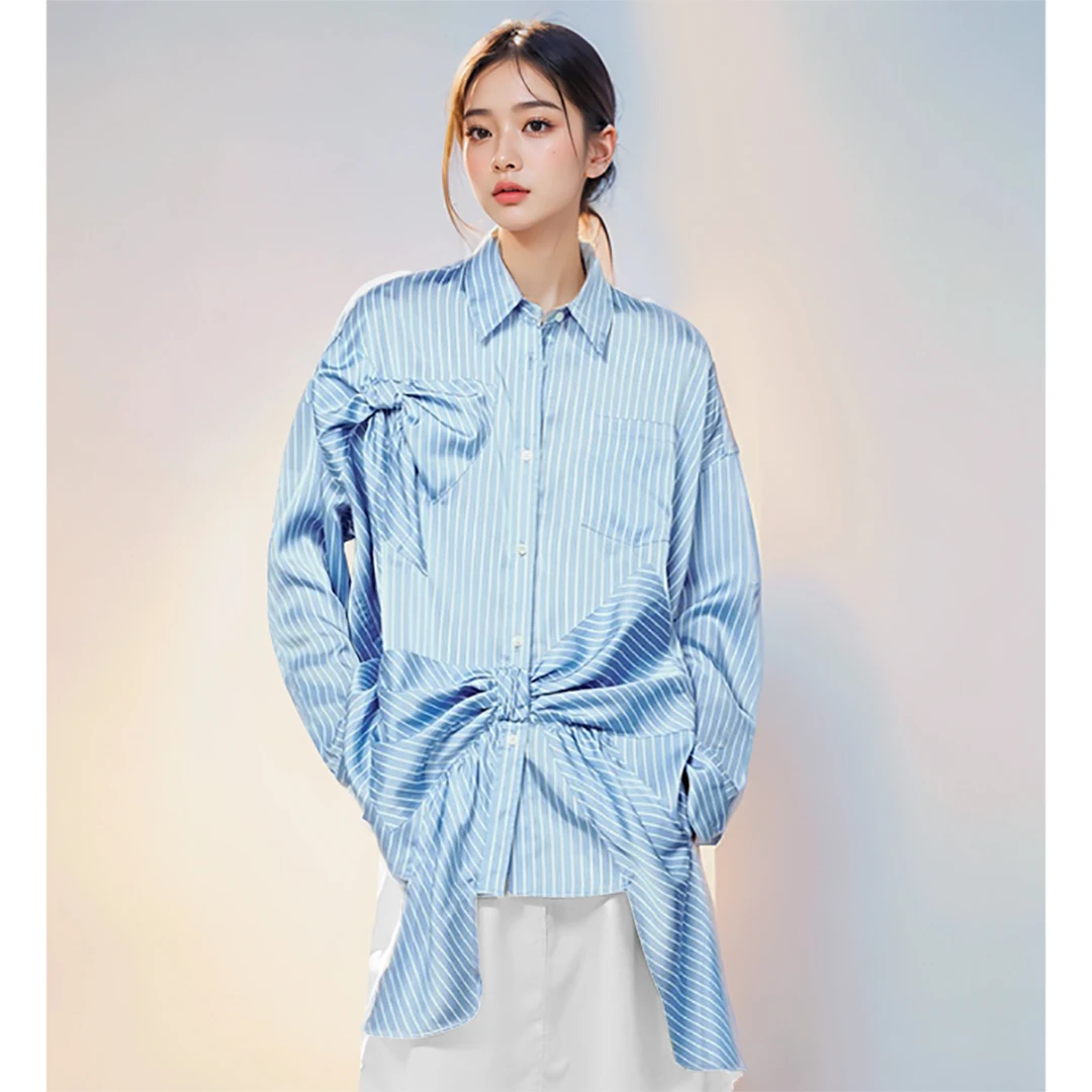 【海风】设计感立体蝴蝶结百搭条纹时尚长袖撞色宽松衬衫HT1009