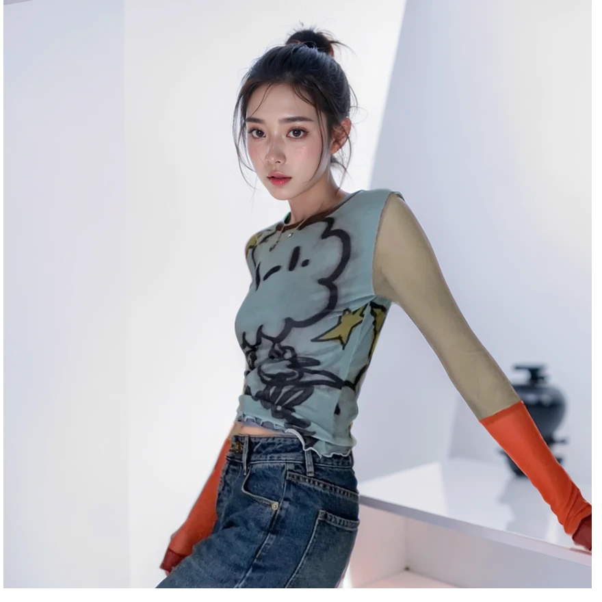 【HT970】简约百搭卡通撞色云朵显瘦时尚修身圆领长袖皮肤衣