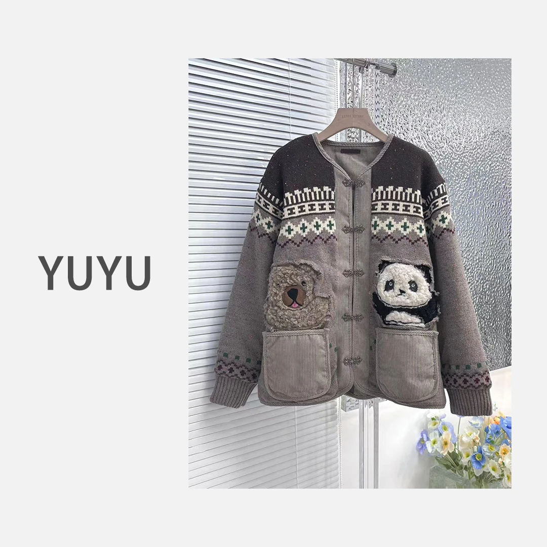 【熊岛】趣味时尚设计感费尔岛熊猫洋气小众针织毛衣外套.Y598