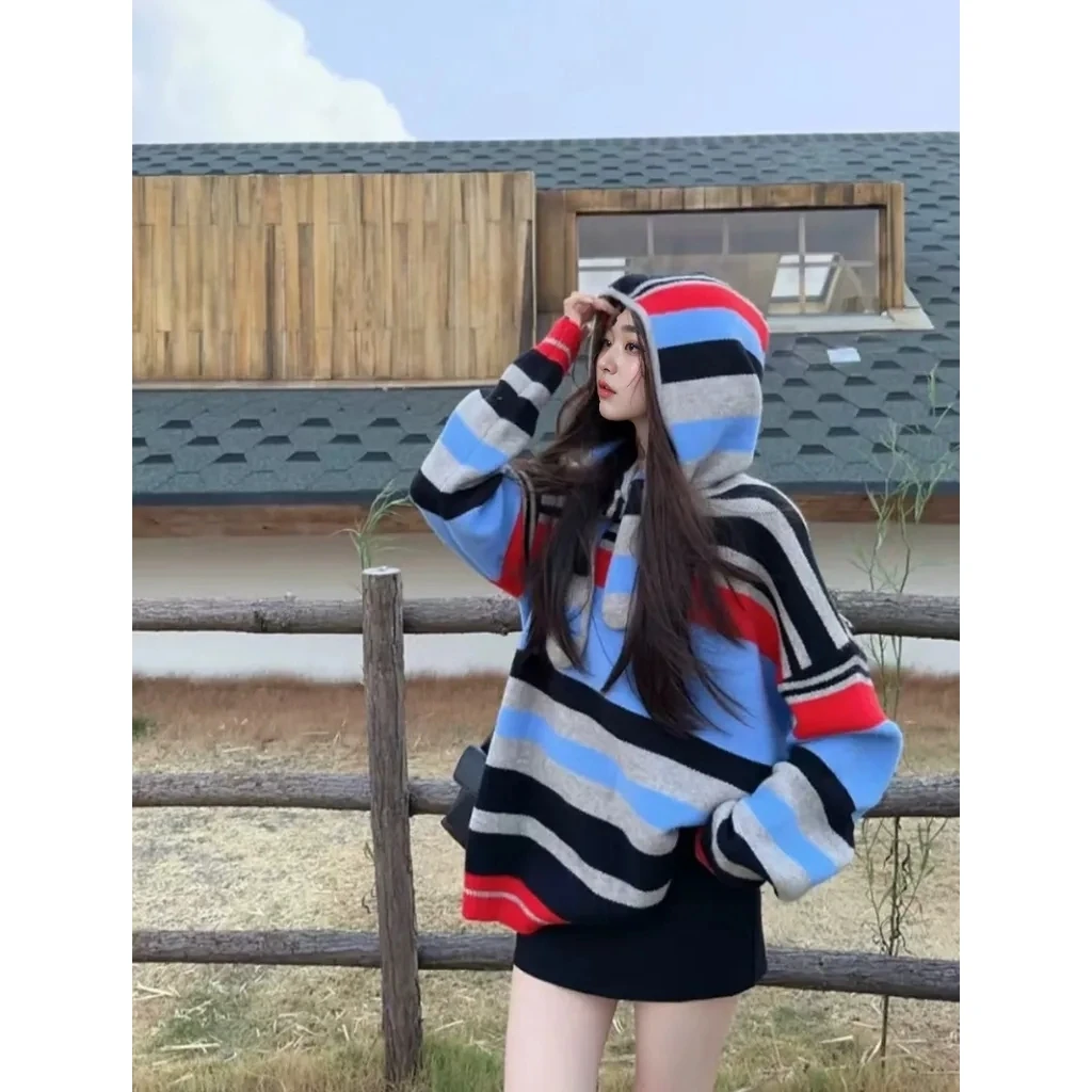 【海魂】复古条纹可拆卸连帽慵懒风圆领宽松针织毛衣.Y532