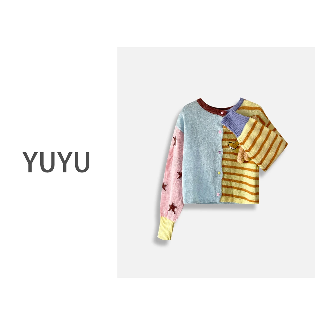 【糖果】设计感撞色条纹拼接减龄百搭休闲毛衣开衫.OY160