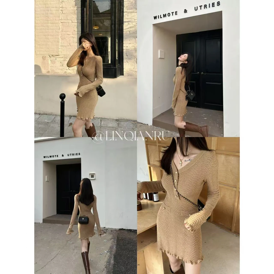【林千入】新款气质显瘦休闲小香风百搭秋冬枫叶色高腰针织连衣裙