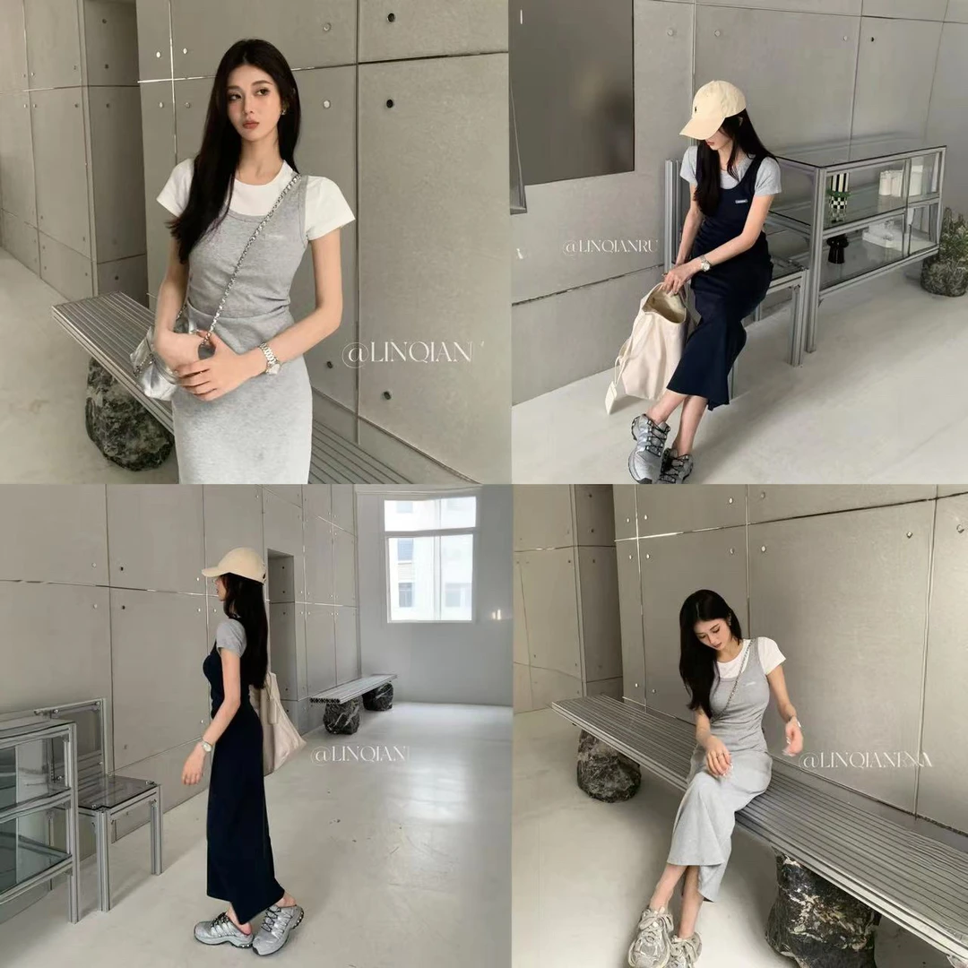 【林千入】新款气质显瘦时尚休闲设计感拼接假两件女装连衣裙