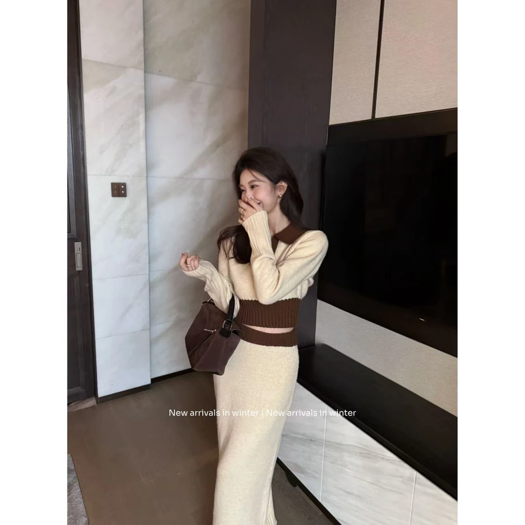 【林千入】秋冬气质拼色针织套装女高腰包臀半身裙收腰毛衣时尚套装