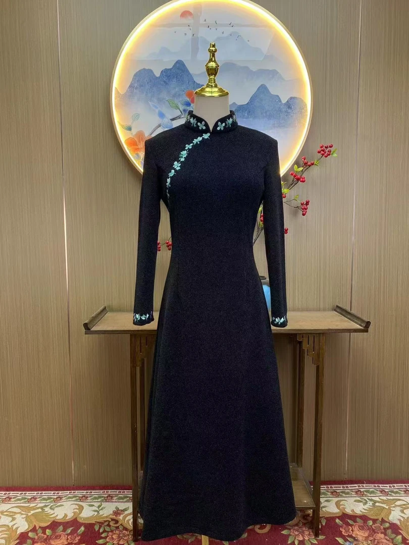 墨染 冬款日常气质文艺国风优雅奥黛长款旗袍