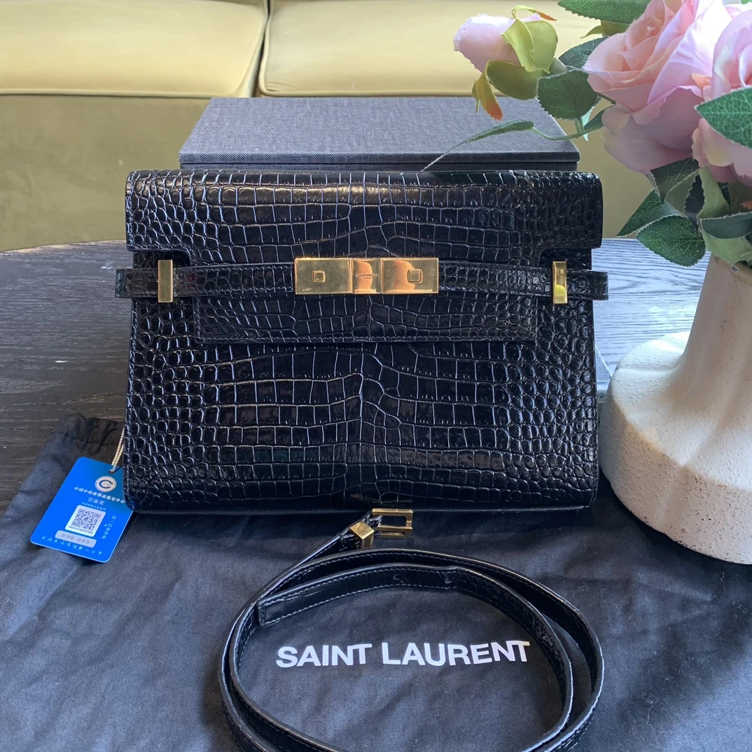 95新 YSL/圣罗兰 YSL 小号 黑金 鳄纹曼哈顿单肩包/sp20685