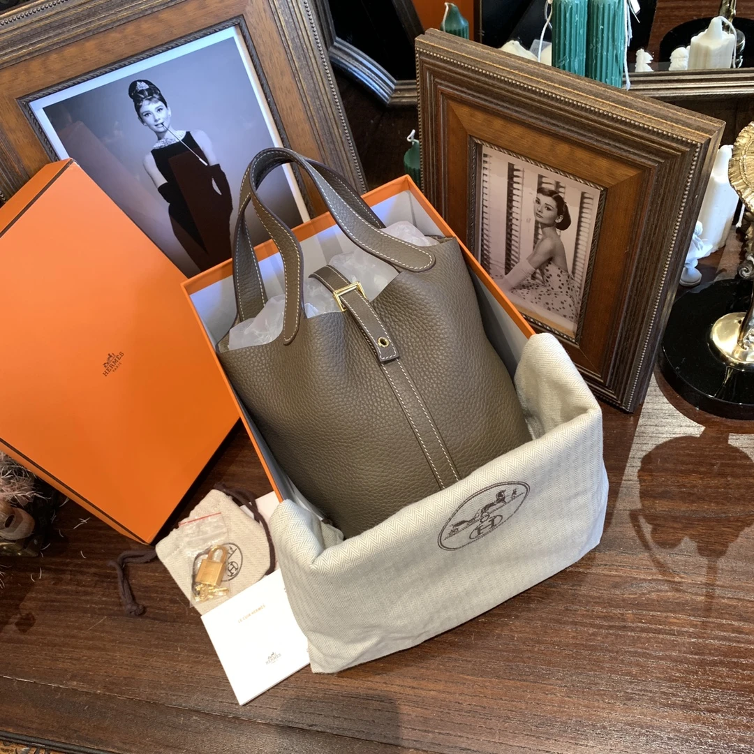 95新 Hermes/爱马仕 爱马仕 大象灰菜篮子18 金扣 Z刻/sp21341