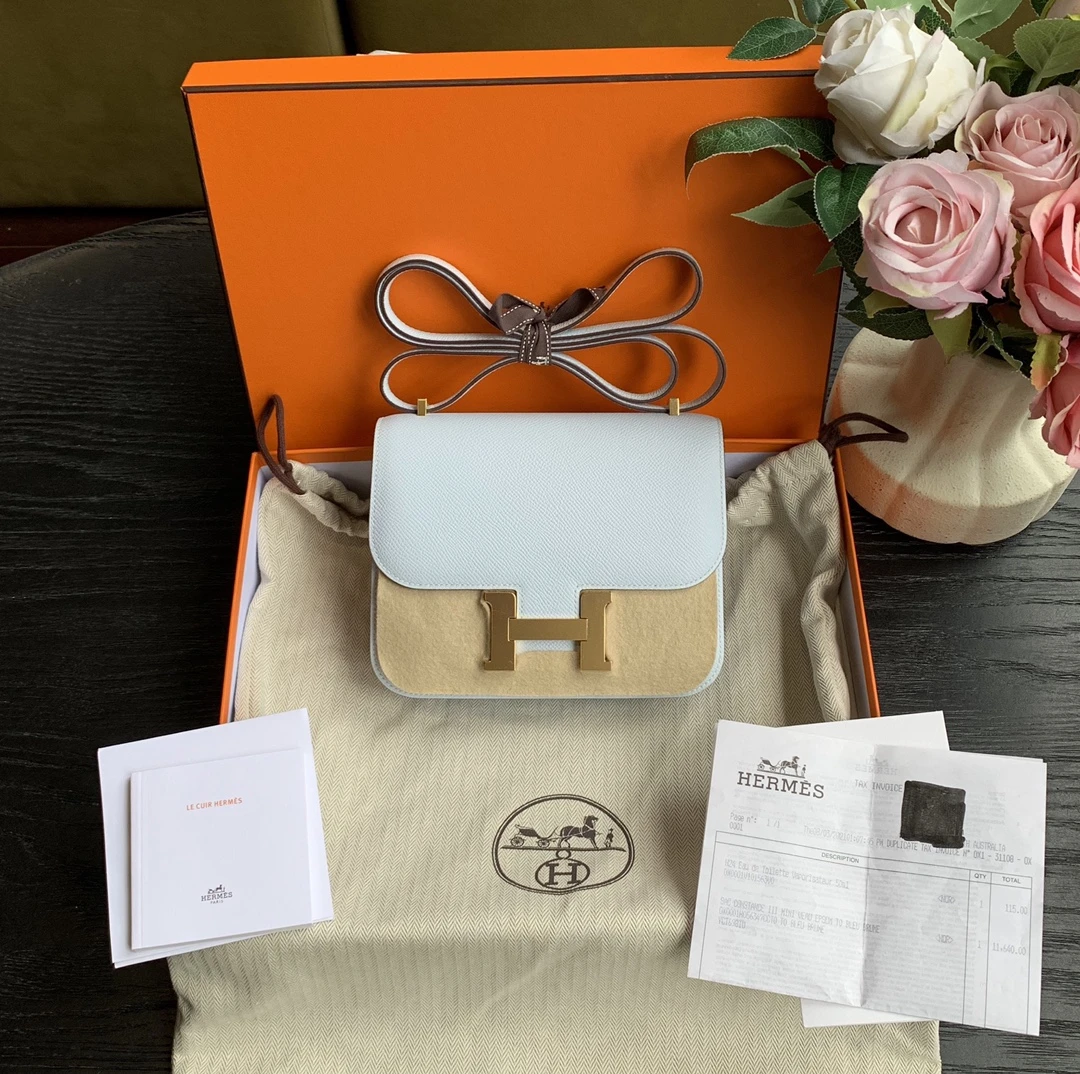 99新 Hermes/爱马仕 金扣 Y刻 康康19 T0雾霾蓝E皮斜挎包/sp14302