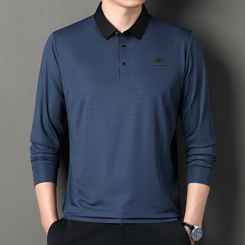 潮牌无痕牛奶丝polo衫长袖t恤男士商务休闲弹力抗皱透气薄款上衣