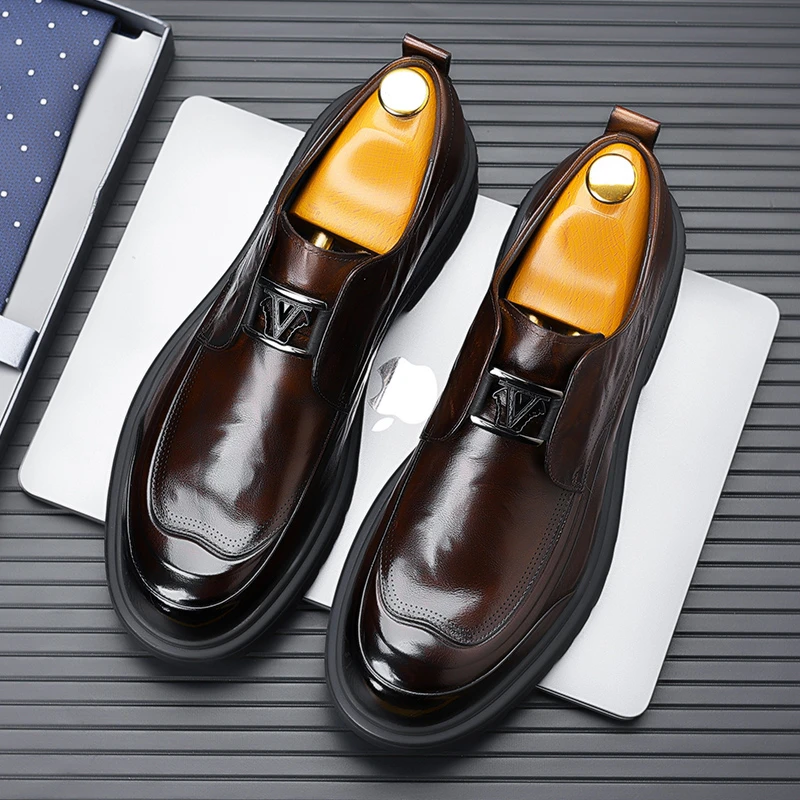 皮鞋男高端时尚头层牛皮2024春秋季新款商务正装男鞋厚底休闲鞋子
