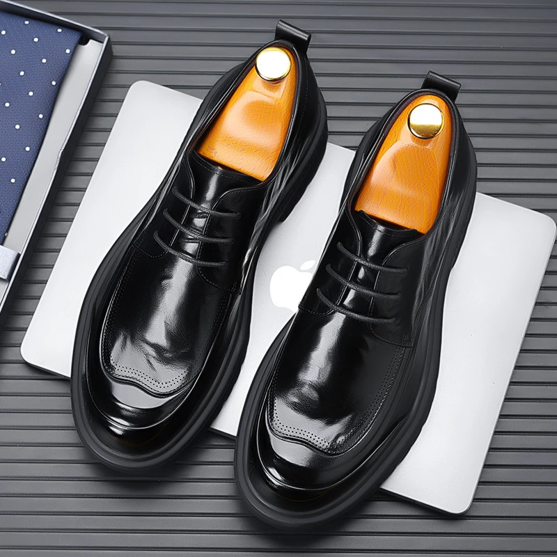 皮鞋男高端真皮头层牛皮2024春夏季新款黑色正装男鞋厚底休闲鞋子