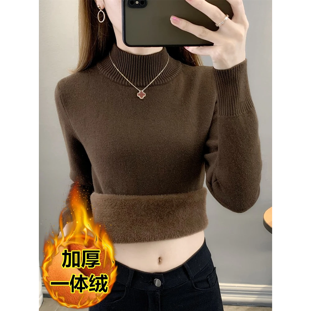 女装清仓捡漏秋冬款一体绒毛衣女加厚半高领针织衫套头保暖上衣