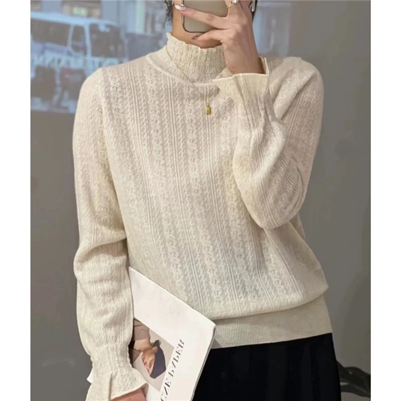 温柔感自留气质半高领蕾丝立体提花打底长袖针织衫显瘦内搭上衣