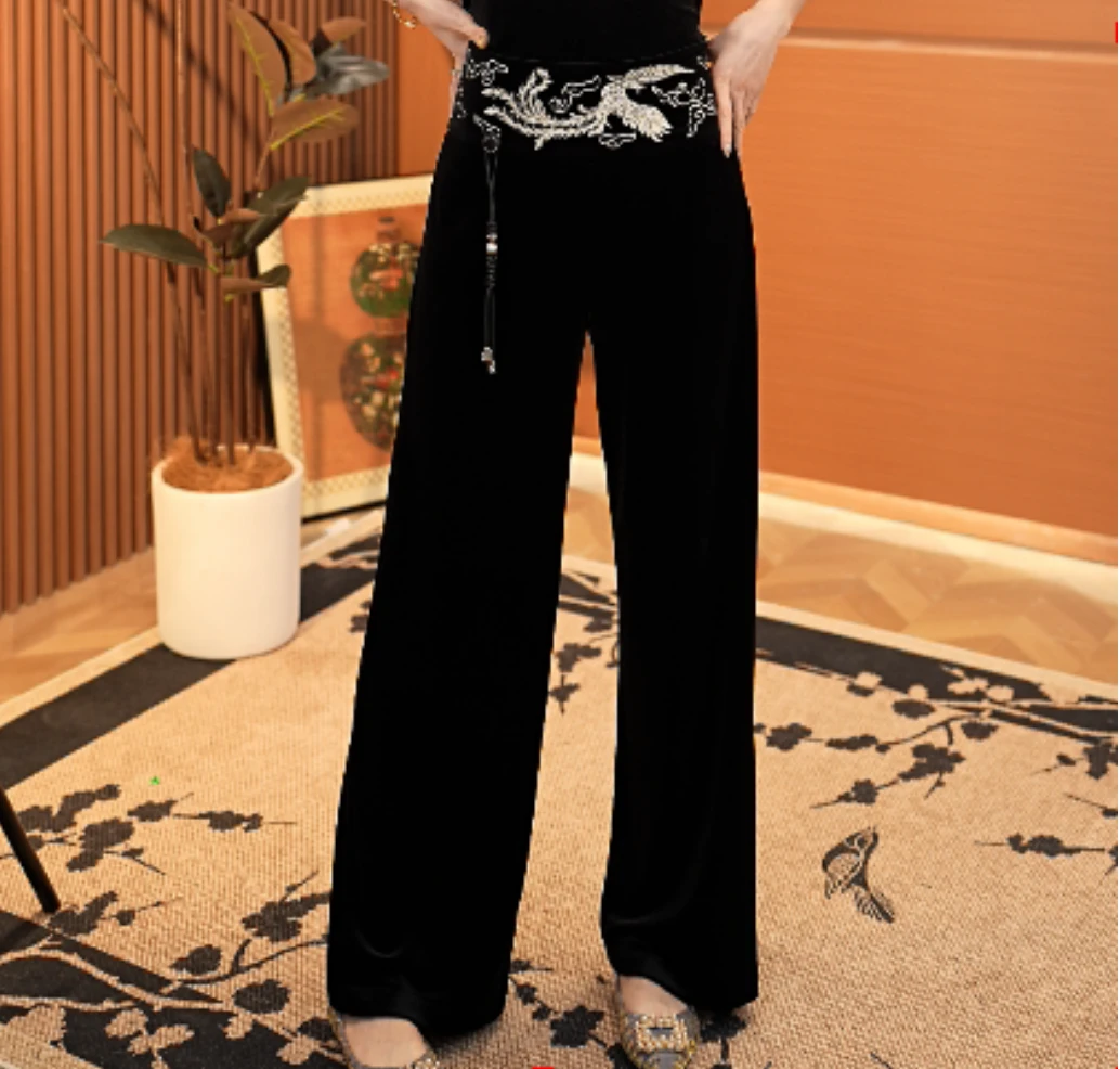 【云中凤】新中式国风刺绣丝绒裤子2024B1201-垚垚