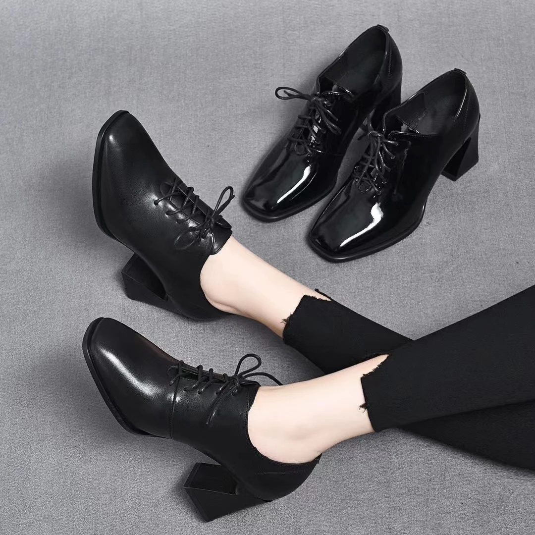 真皮系带深口单鞋2024年早春新款方头粗跟百搭女士黑色高跟工作鞋