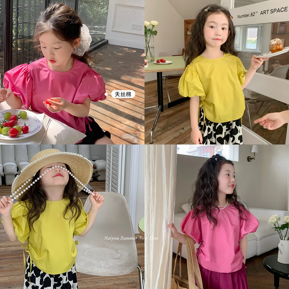 【现货-精致girl】奶油KIDS女童夏季泡泡袖衬衫清凉百搭上衣Y4721