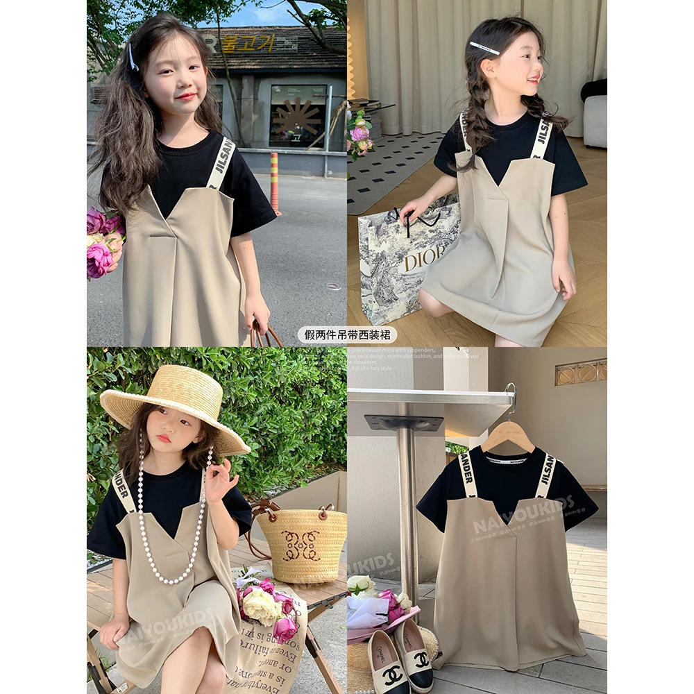 【爱爆】奶油KIDS女童2023夏季儿童短袖假两件吊带休闲裙Y4836