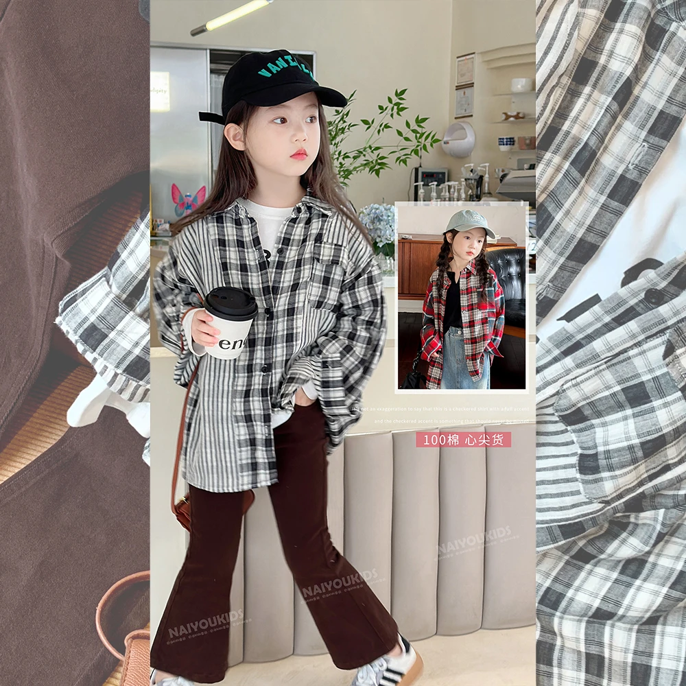 【哇塞】奶油KID女童衬衫2023春秋时髦格子儿童衬衣Y5058