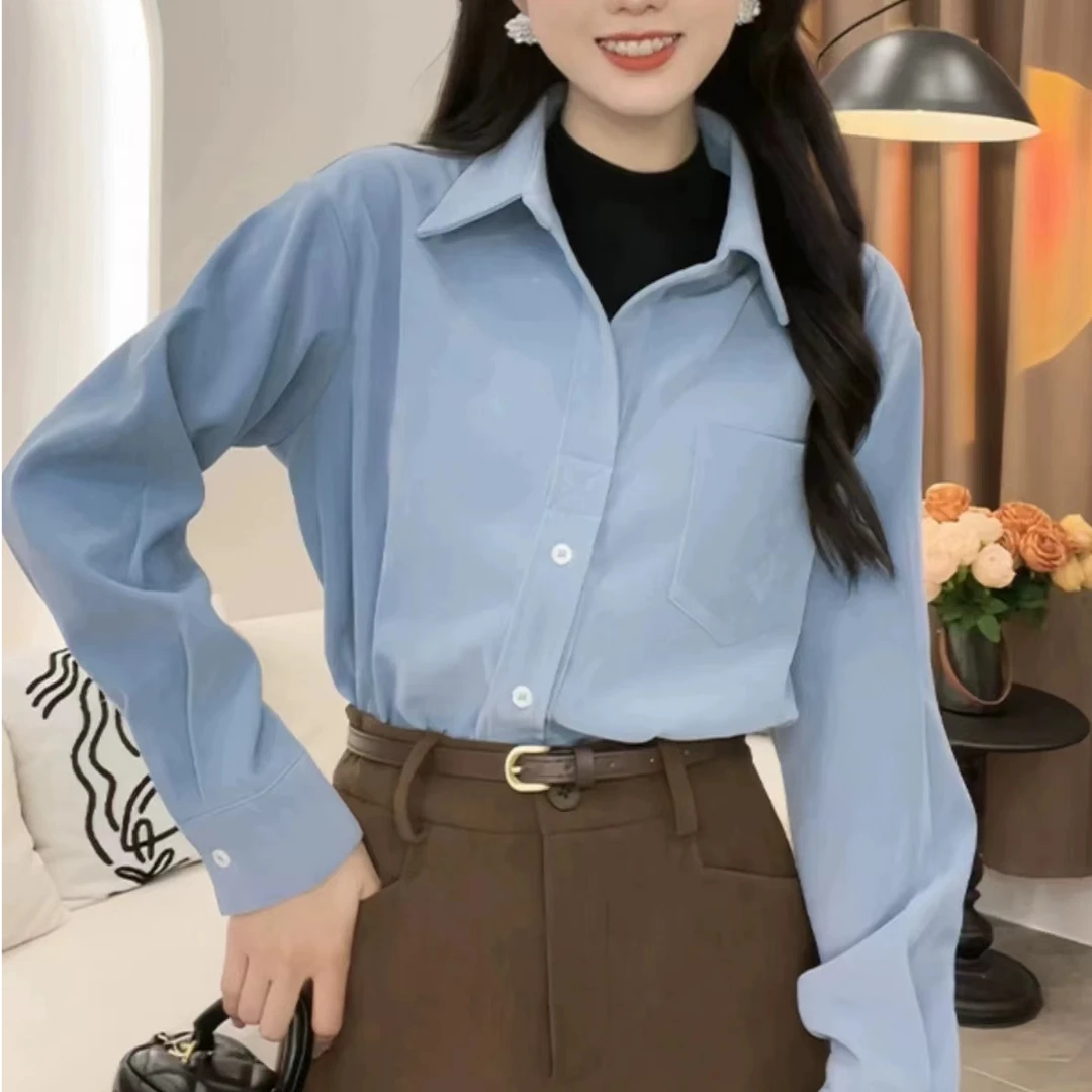 X2628假两件Polo领长袖衬衫内搭女新款秋冬季宽松百搭打底衫上衣