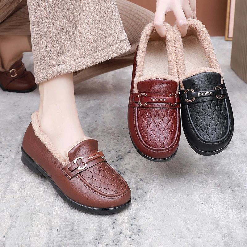 2024秋冬豆豆鞋女加绒保暖时尚休闲鞋平底懒人鞋一脚蹬妈妈鞋女