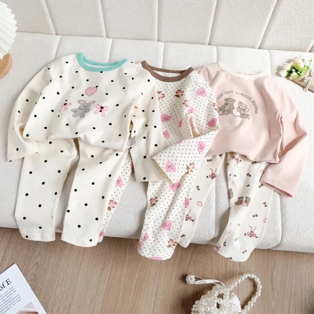 儿童家居服春秋卡通熊图案舒适无骨设计内衣套装