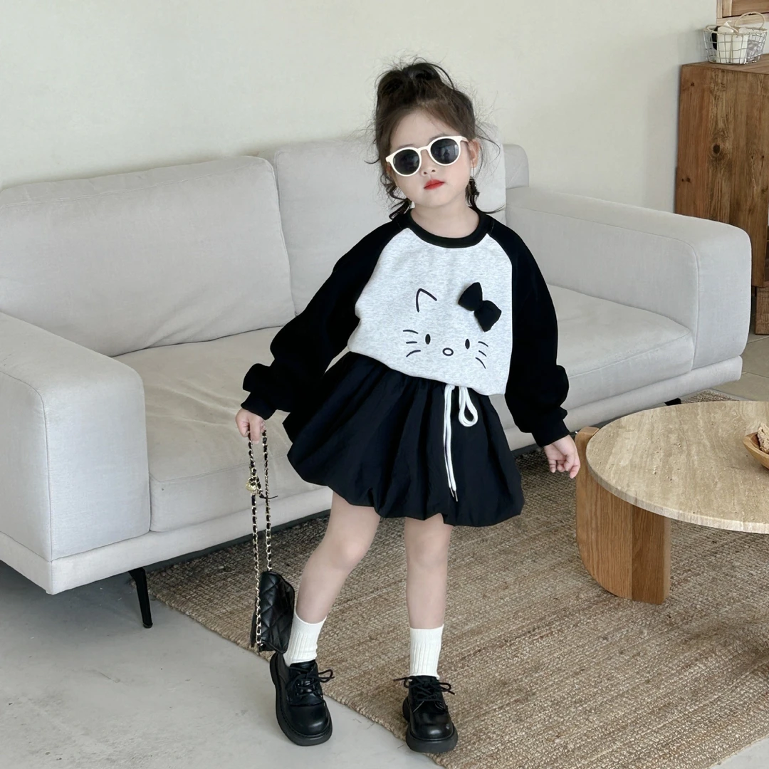 女童卫衣花苞裙套装2024秋季新款女宝宝可爱印花上衣短裙两件套潮