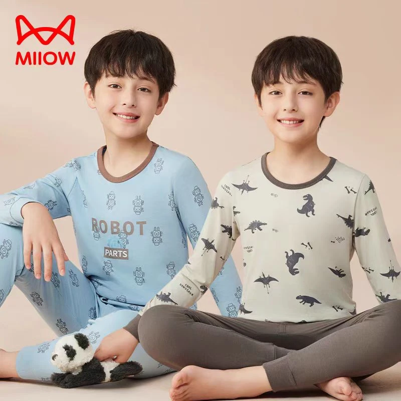 MiiOW/猫人儿童纯棉秋衣秋裤男童内衣套装春秋圆领中大童青少年冬