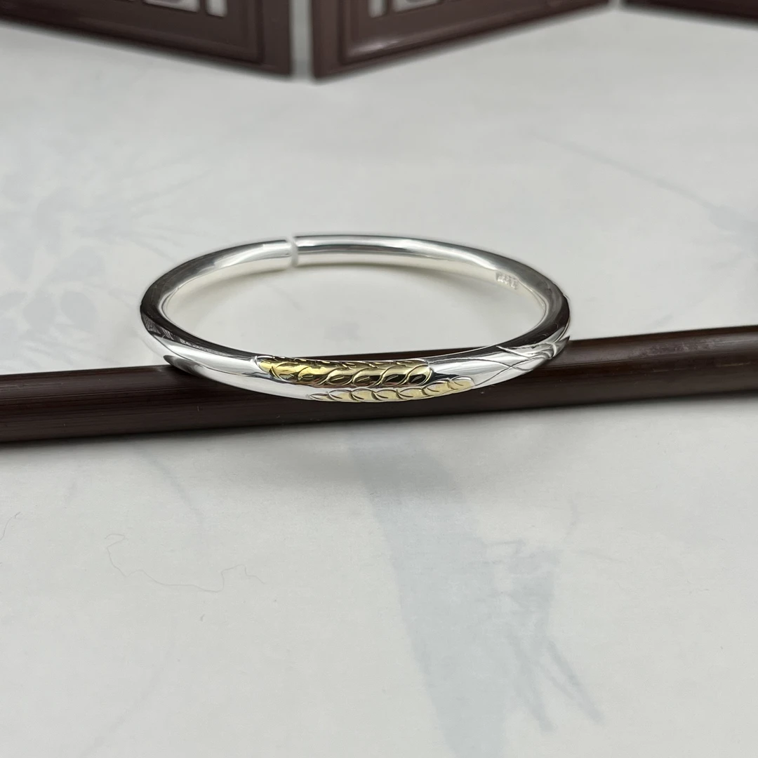 足银手镯 足银点铜麦穗手工复古精美百搭民族风传承单圈银手镯