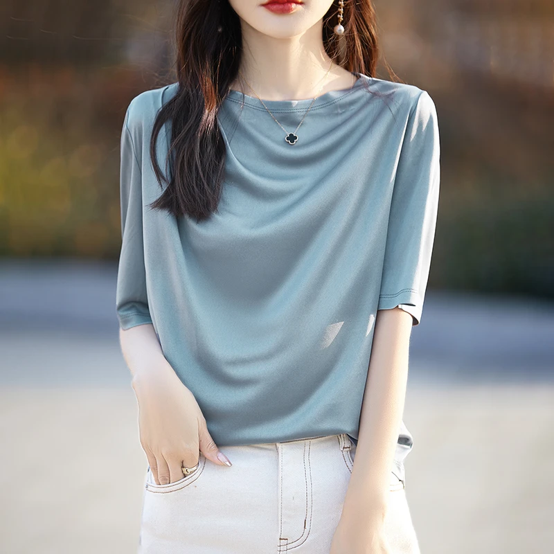 醋酸缎面短袖t恤女2024夏季新款高级气质中袖小衫ZW-988