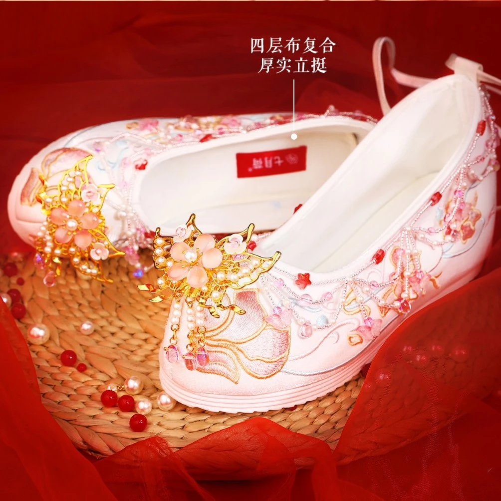 【花香蝶舞】七月荷冬季原创汉服鞋子内增高刺绣花鞋日常百搭布鞋